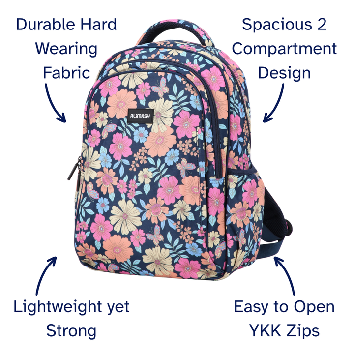 Floral patterned backpack with features highlighted on a white background