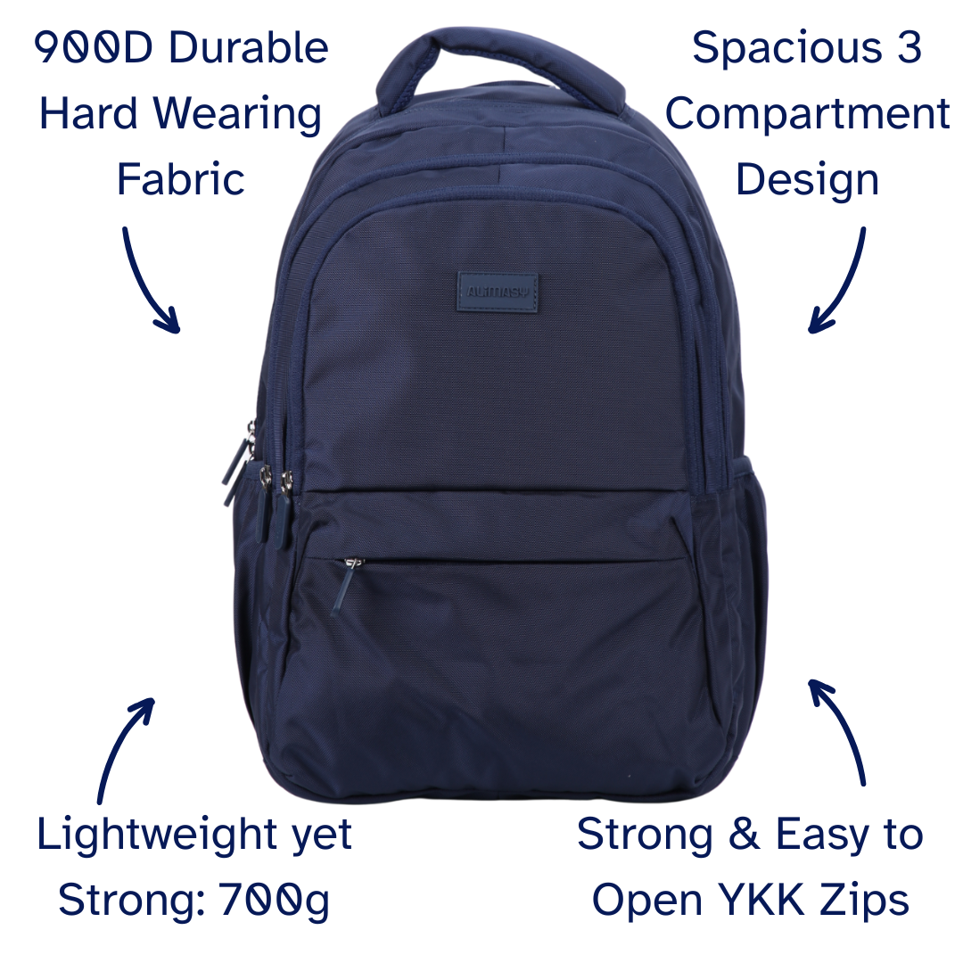 Navy blue backpack with features highlighted on a white background