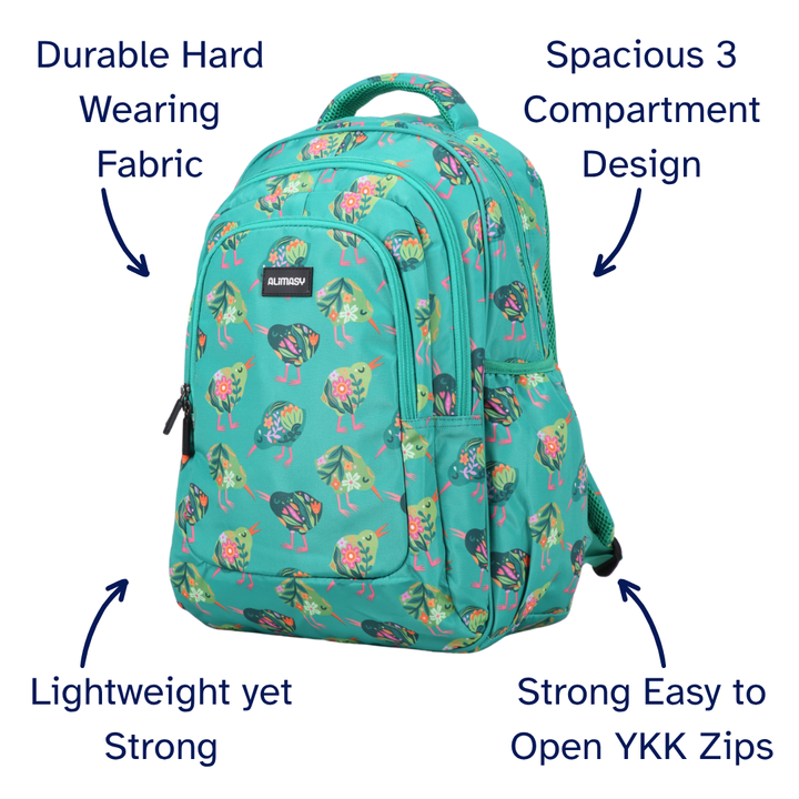Teal backpack with colorful design on a white background with text highlighting features.
