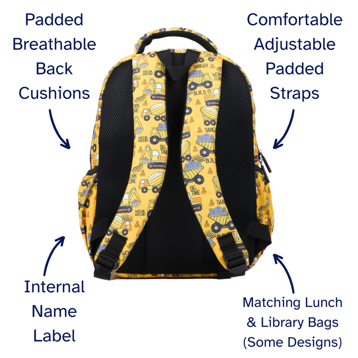 Construction Midsize Kids Backpack detail shot durable YKK zips and reinforced handle, waterproof kids backpack
