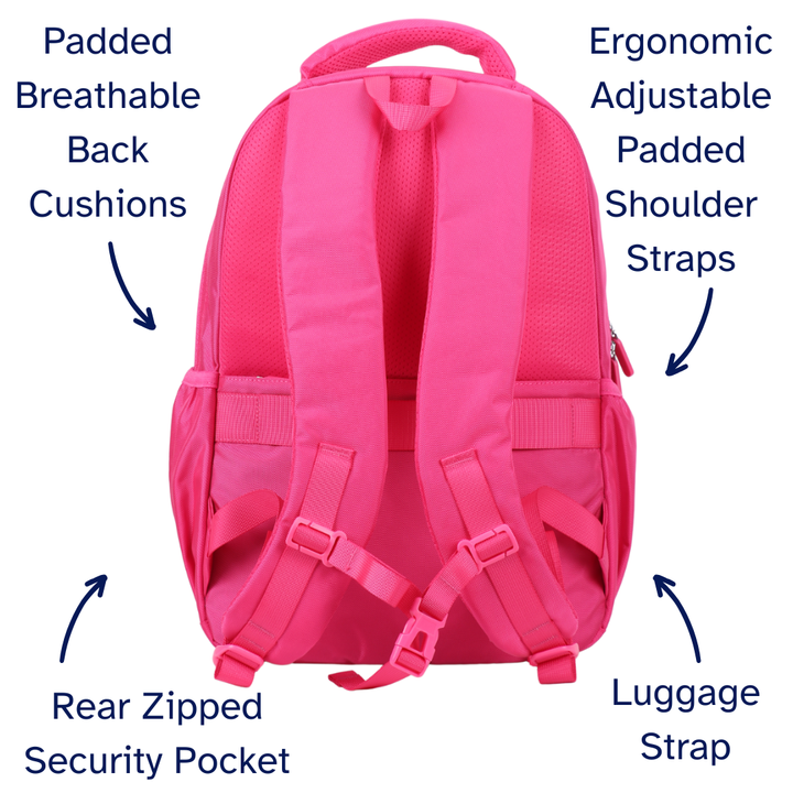 Pink backpack with labeled features on a white background