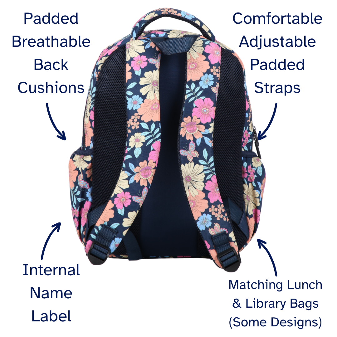 Floral backpack with labeled features on a white background