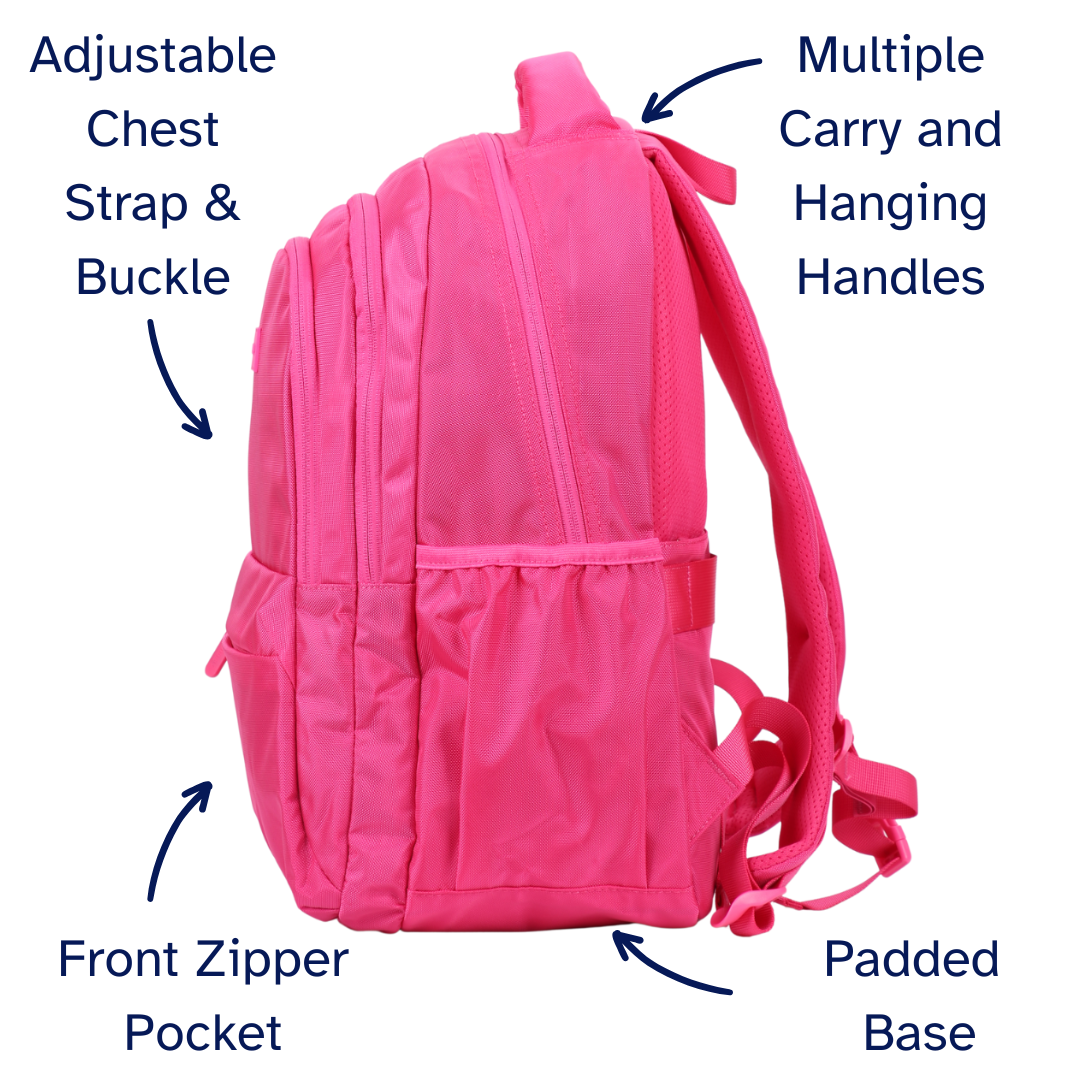 Pink backpack with labeled features on a white background