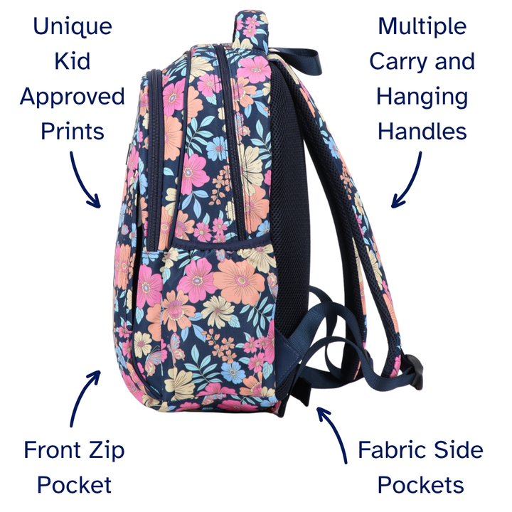Floral backpack with features labeled on a white background