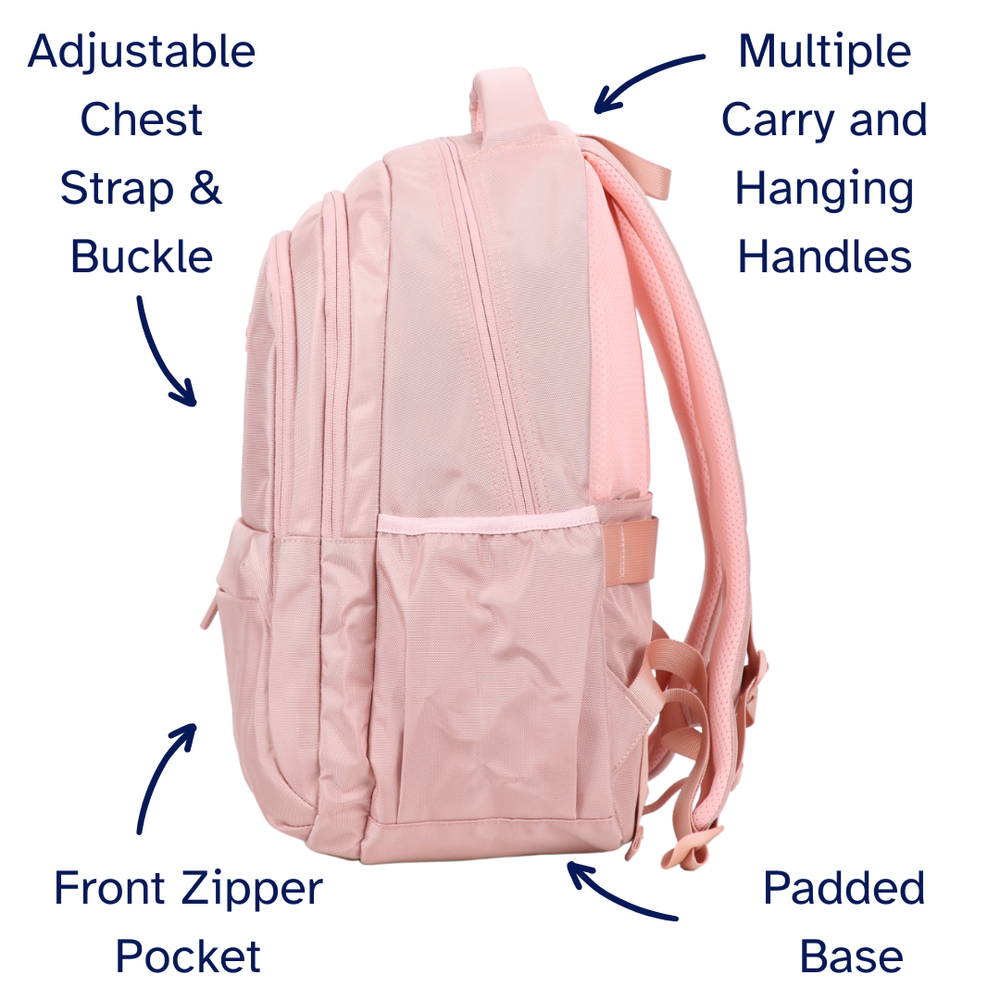 Pink backpack with labeled features on a white background