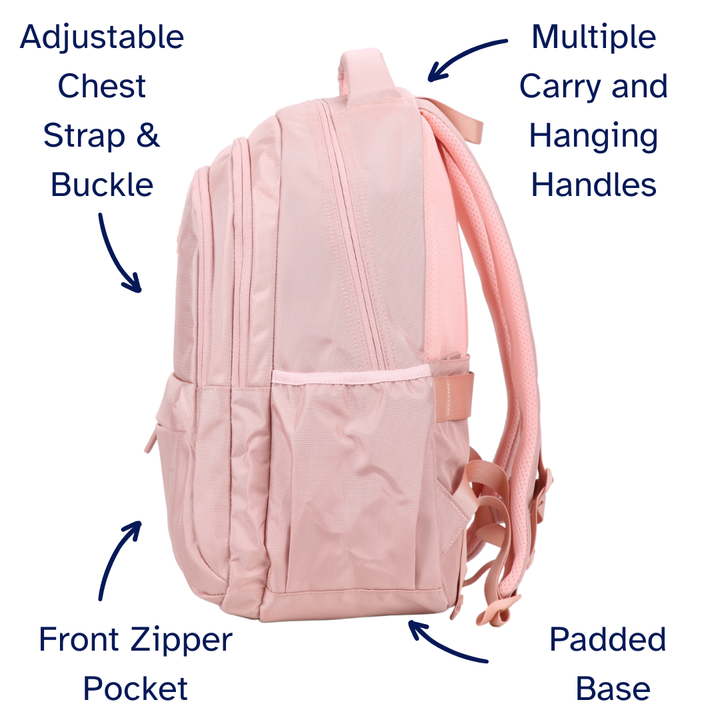 Pink backpack with labeled features on a white background