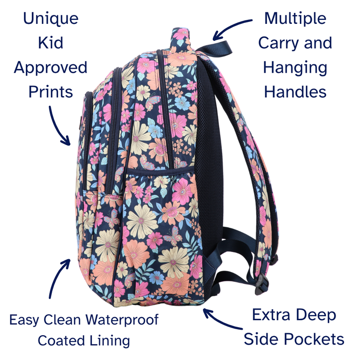Floral backpack with features highlighted on a white background