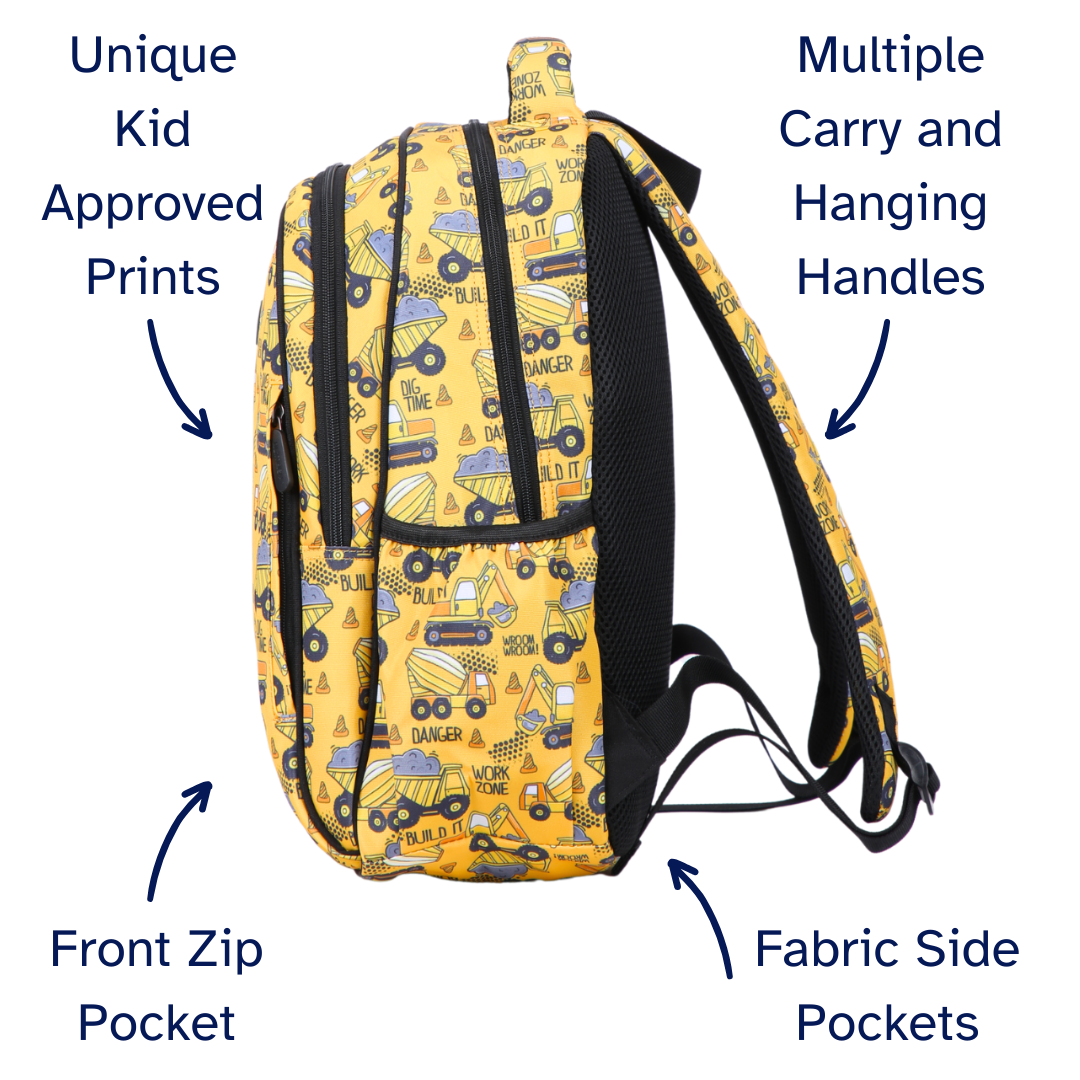 Yellow backpack with construction vehicle pattern, multiple carry handles, front zip pocket, and fabric side pockets on a white background.