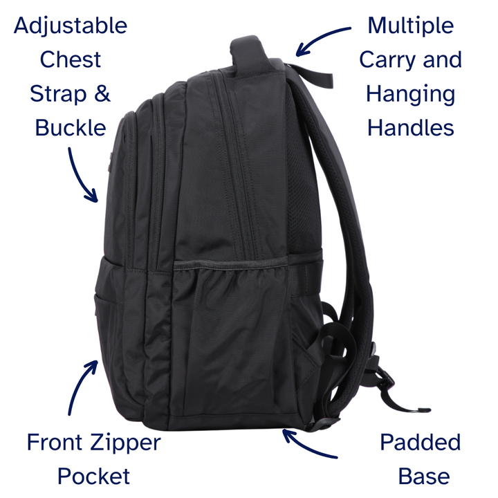 Black backpack with labeled features on a white background