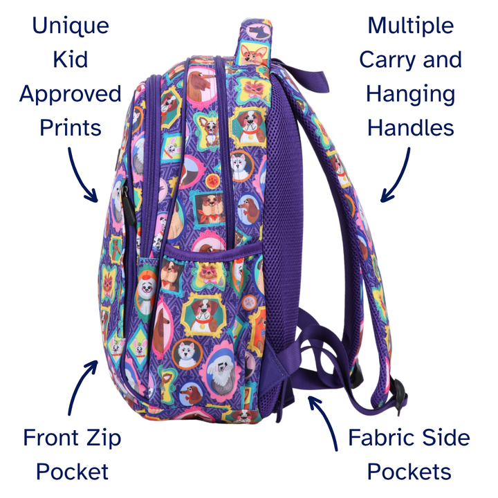 Colorful backpack with various features highlighted on a white background