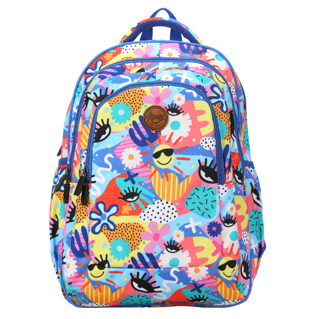 Front Image of the All the Hype School Backpack with a colourful print by debbie mcnaughton