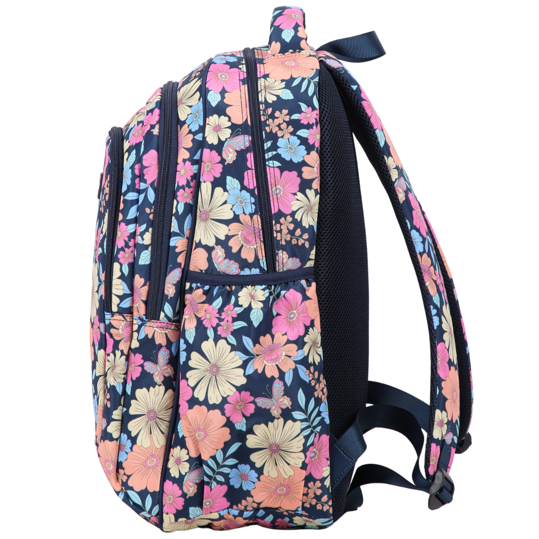 Floral-patterned backpack on a white background
