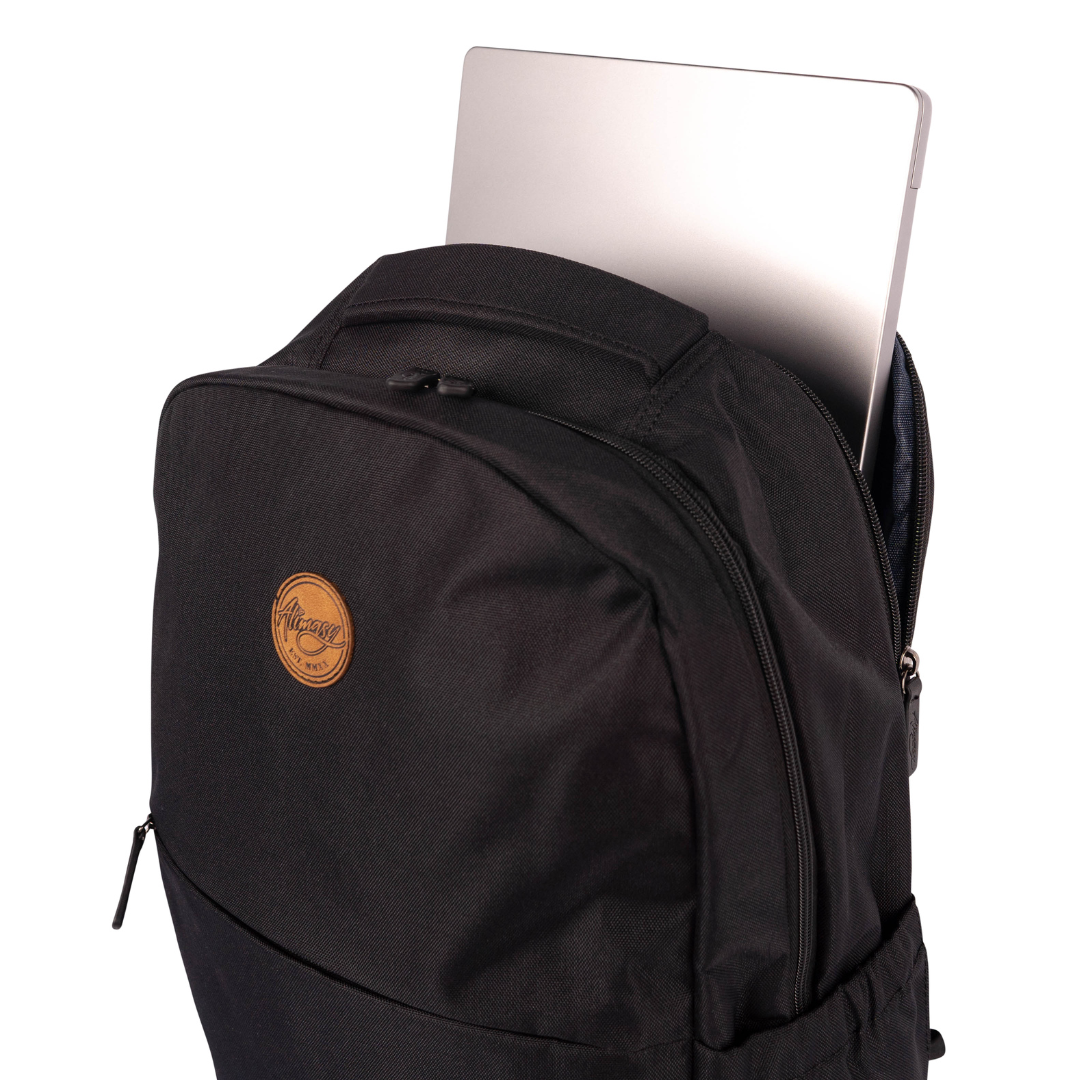 alimasy black laptop backpack open with laptop sticking out of the bag