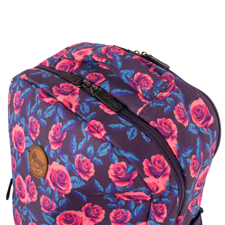 outside view of neon roses alimasy laptop backpack for women with purple background