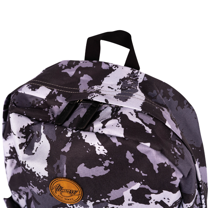 black and grey alimasy camouflage backpack with brown badge