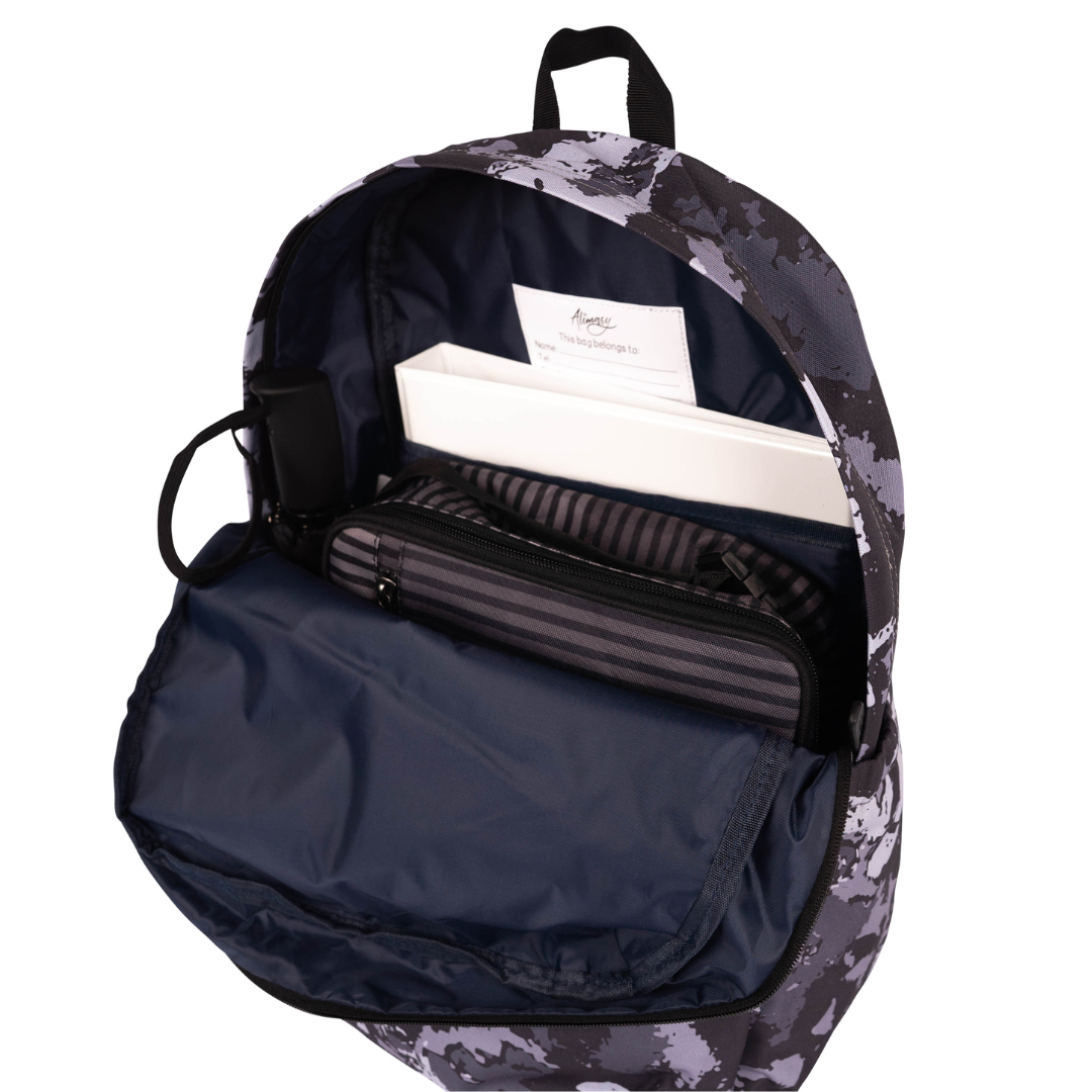 black and grey teen backpack open with folder and lunchbox