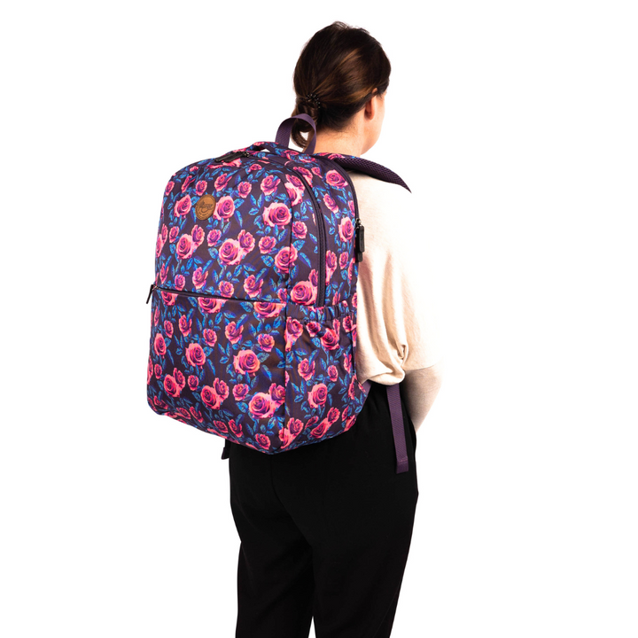 alimasy model wearing rose pattern ladies laptop work backpack side view