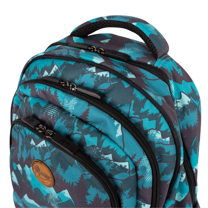 top view of alimasy green camo kids school backpack with zipped pockets