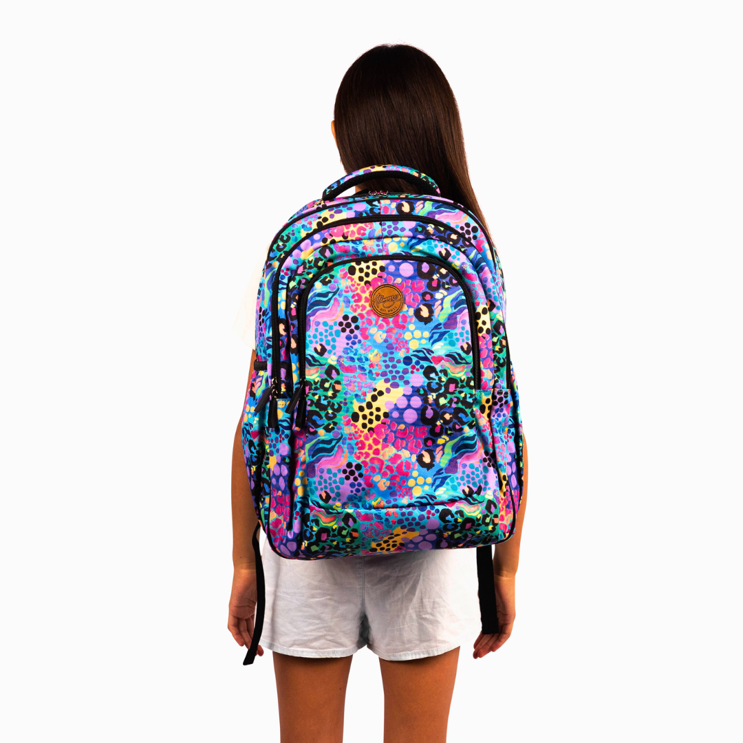 girl wearing rainbow coloured leopard printed alimasy large backpack with 3 pockets for australian women