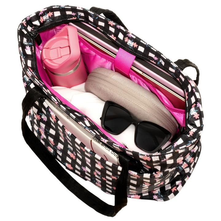 Black & White Check with Ditsy Flowers Tote Bag