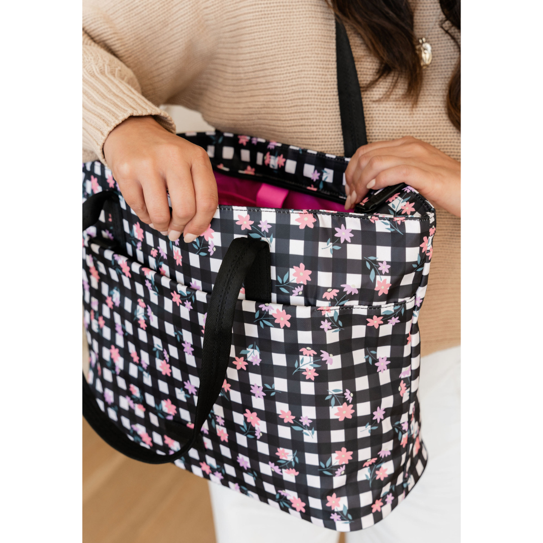 Black & White Check with Ditsy Flowers Tote Bag
