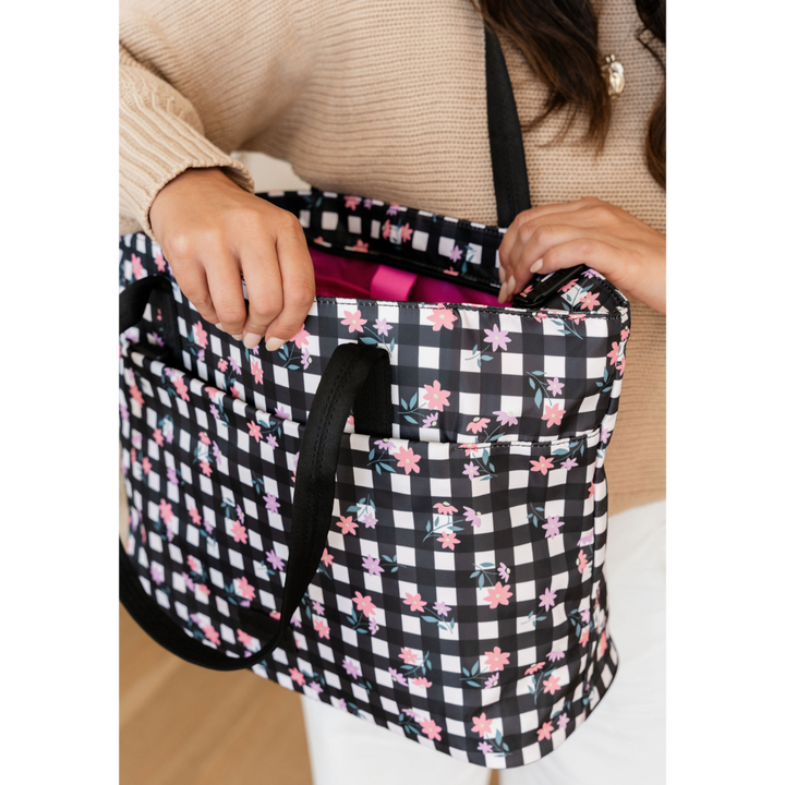 Black & White Check with Ditsy Flowers Tote Bag