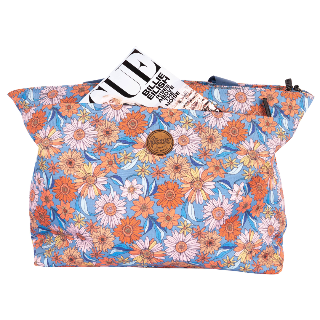 blooms and blossoms everyday tote bag for ladies with full width zipped side pocket